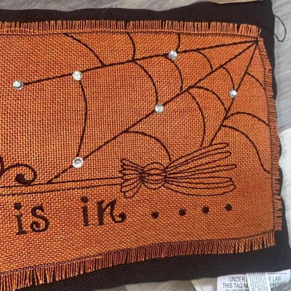 Canvas Glam “The Witch Is In” Pumpkin Witch Pillow Halloween Decor Orange